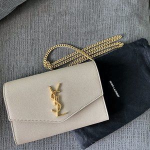YSL Uptown Chain Wallet in Grain de Poudre Embossed Leather